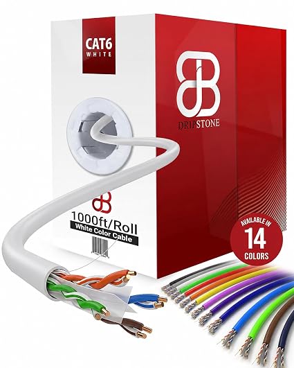 DRIPSTONE 1000ft CAT6 Ethernet Cable in Bulk, 23AWG Solid CCA 4/UTP, White