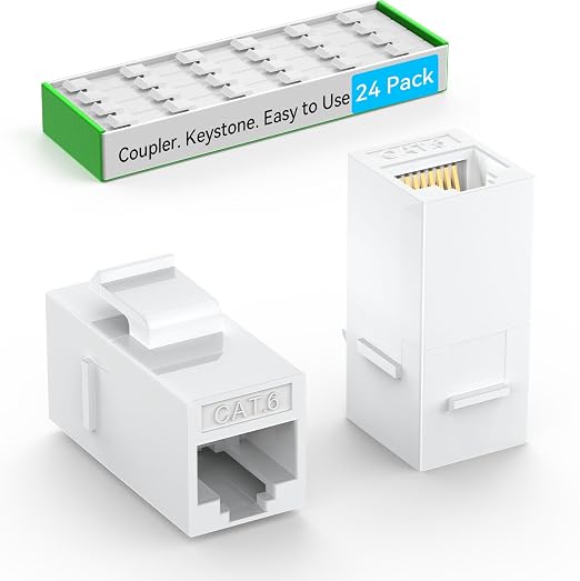 Sokqovt CAT6 RJ45 Keystone Coupler (24 Pack), Cat6 Keystone Jack Female to Female, Cat 6 Inline Keystone Jacks for Wall Plate & Patch Panel, RJ45 Ethernet Coupler White