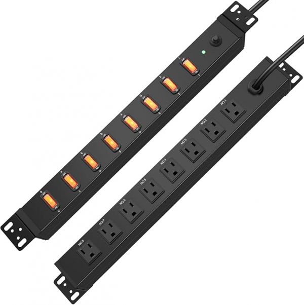 8 Outlet PDU Power Strip, 1U Rack Surge Protection, 6FT, Black, 1