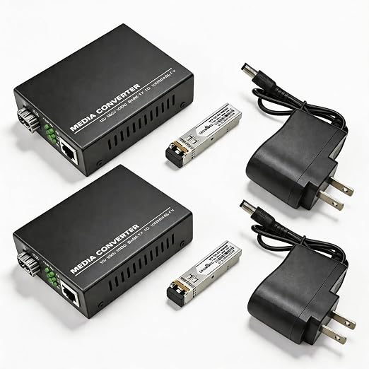 A Pair of 1.25G/s DX Gigabit Multi-Mode Fiber Ethernet Media Converter with 2PCS DX SFP LC Dual Transceiver Module Included, 10/100/1000Base-Tx to 1000Base-SX SMF RJ45 to SFP Slot up to 550M