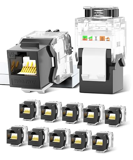 CAT6A UTP RJ45 Keystone Jack 50u Gold Plating Reusable Ethernet Wall Jack with Adjustable Ratchet Lock (No Tool and Zip Tie Required) - Black (12-Pack)