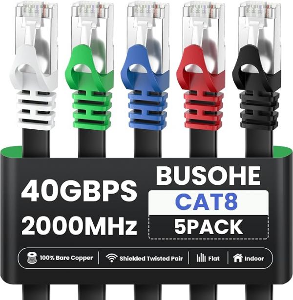 Cat8 Ethernet Cable 3FT 5 Pack Multi Color, 40Gbps 2000MHz Shielded Short Flat Computer Internet LAN Network Patch Cord, High Speed RJ45 Cat-8 Cable for Router, Modem, PC, Gaming - 3 Feet