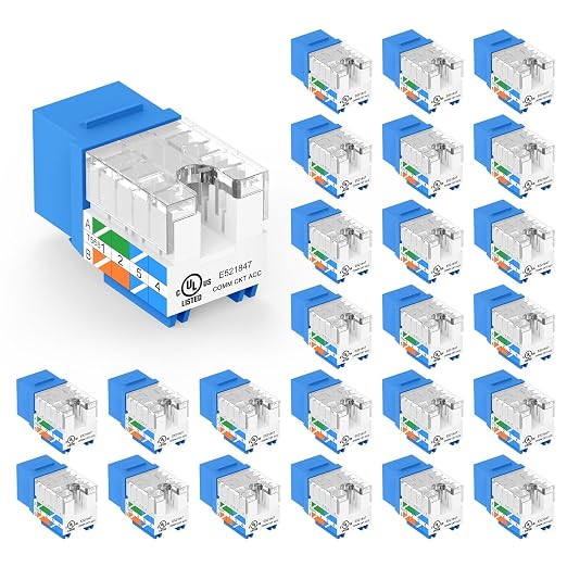 VCE UL Listed Cat6 Keystone Jacks 10Gbps 25-Pack, Blue