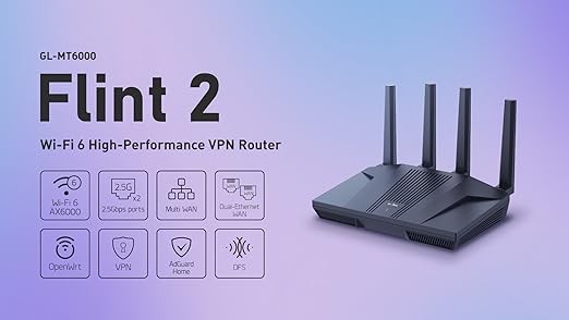 GL.iNet GL-MT6000 Flint 2 Wi-Fi 6 Gaming Router Dual 2.5G Ports