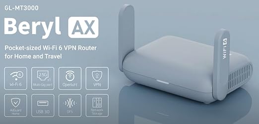 GL.iNet GL-MT3000 Beryl AX Wi-Fi 6 Travel Router, 2.5G WAN, VPN, OpenWrt