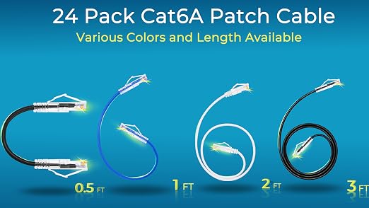 Rapink Patch Cables Cat6/ Cat6a 7ft (24 Pack) Slim, Cat6a Ethernet Patch Cable 10G Support, Snagless Cat 6 Patch Cable for Patch Panel to Switch, Flexiable Cat6 Ethernet Cable Black (24PC6ABK-7)